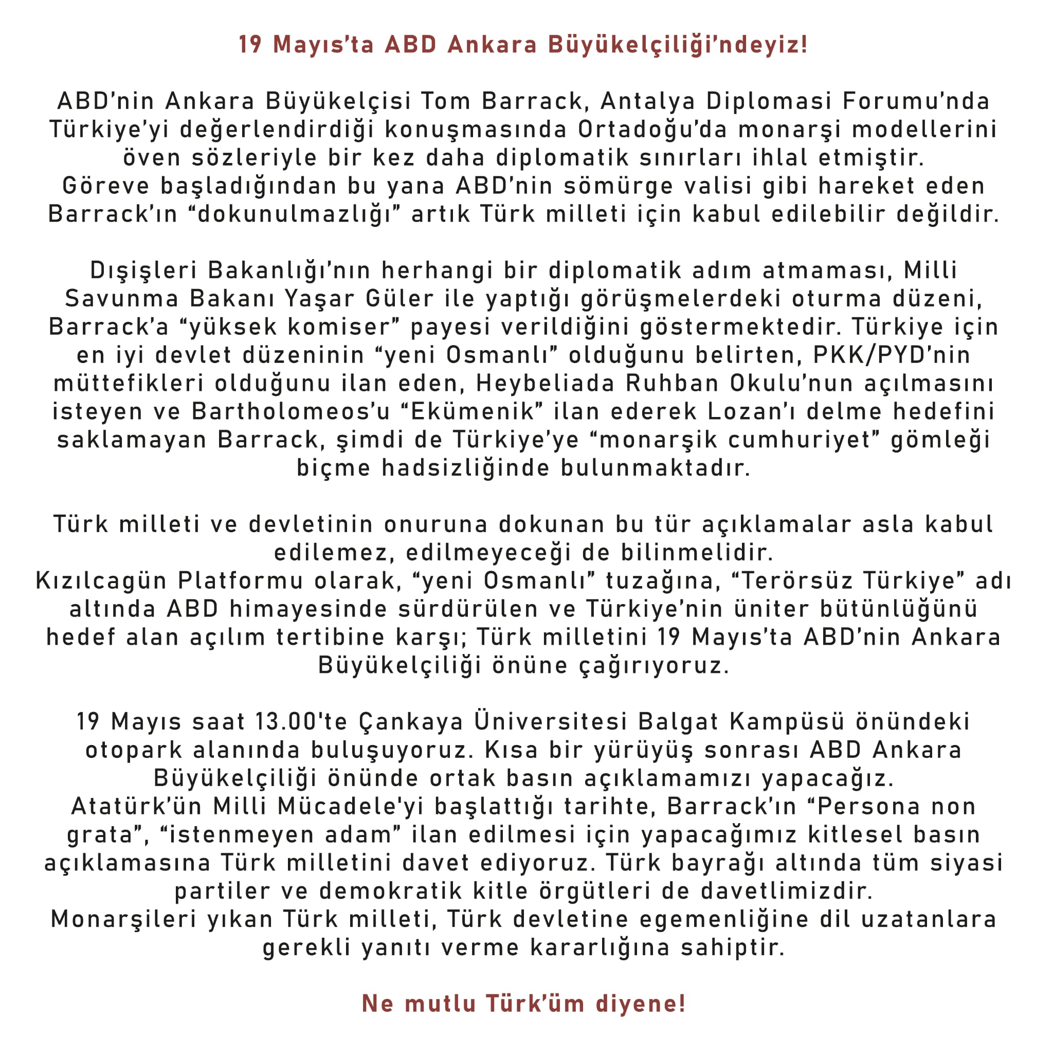 19 Mayısta ABD Büyükelçiliği Önündeyiz!